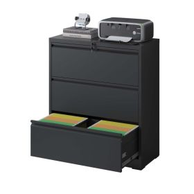 Lateral File Cabinet 3 Drawer, Black Filing Cabinet With Lock, Lockable File Cabinet For Home Office, Locking Metal File Cabinet For Legal Letter (Option: Black)
