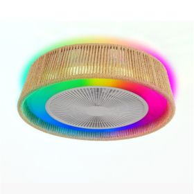 21 Modern Rustic Ceiling Fan Light With LED RGB Mood Lighting, Rope Woven Design, Quiet Fan, Semi Flush Mount For Bedroom, Living Room, Or Dining (Option: Default)