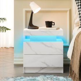Nightstand LED Bedside Table Cabinet Lights Modern End Side With 2 Drawers For Bedroom  White Stone (Option: Matte White)