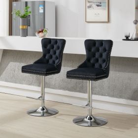 Thick Chrome Swivel Velvet Barstools,Adjustable 25-33 Height,Modern Upholstered With17.7 Base,Tufted Buttons&Diamond Pleating,Sponge&Spring Seat, (Option: Black)