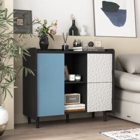 Sideboard Buffet Cabinet, Black Storage Cabinet With Red Doors , 2 Drawers With Unique Panel Styling And 2 Open Storage Compartment, Modern Coffe (Option: Black  Blue)