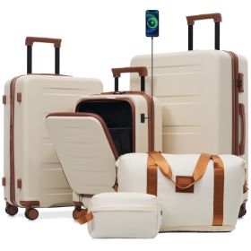 Luggage Sets 5 Piece With Front Opening, Hardside Expandable Carry On Suitcase Set With Double Spinner Wheel, Lightweight Travel Luggage With USB (Option: BrownWhite)