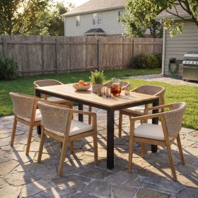 7-Piece Outdoor Dining Set, Acacia Wood Table & 6 Acacia Wood Rope Chairs With Beige Cushions, Patio Dining Furniture (Option: Beige Brown)