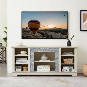 Mantel Stone TV Media Stand With With Faux Stacked Stone Surround, Modern Entertainment Console With Open Storage Space,WHITE, 58.31 Wx15.39 Dx26 (Option: White)