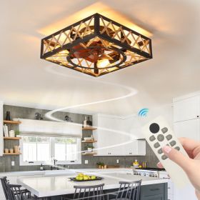 Farmhouse Rustic Ceiling Fan And Remote Control,Square Caged Industrial Ceiling Fixture With 6 Speeds & Noiseless DC Motor For Kitchen Dining Roo (Option: Default)