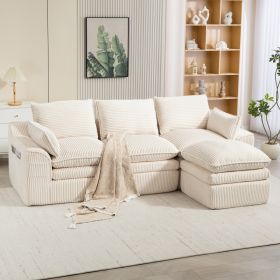L Shaped Compressed Modular Sectional Sofa Modern Corduroy Upholstered Boneless Couches With Movable Footstool,With Three Pillows And Two Lumbar (Option: Beige)