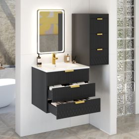 24inch Wall Mounted Floating Cabinet With Side Cabinet Combo, Rectangular Vanity, Small Bathroom Sink With Single Faucet Hole And Overflow, Moder (Option: Black)