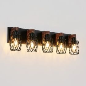 31  Industrial Vintage 5-Light Wall Sconce - Black Cage Wall Lighting Fixture With Wooden Accents For Bathroom, Hallway, Or Living Room  Bulb Not (Option: Default)