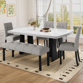 6 Piece Modern Dining Table Set, 63  Faux Marble Dining Table With Geometric Legs & 4 Upholstered Chairs & 1 Bench, Suitable For Dining Kitchen R (Option: Gray White)