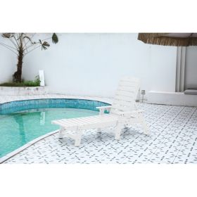 Lounge Chair Outdoor With Wood Texture, Oversized Chaise Lounge Chair With 5 Positions, HDPE, Patio Lounge Chair With Wheels & Cup Holder For Poo (Option: White)