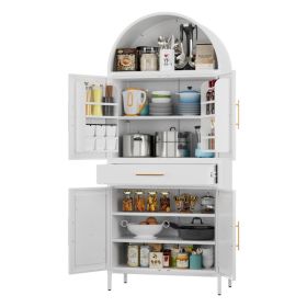 Metal Arched Kithchen Pantry Cabinet With Adjustable Shelves And Drawer,Farmhouse Pantry Cabinet With 2 Doors For Kitchen,Dining Room, Assembly R (Option: White)