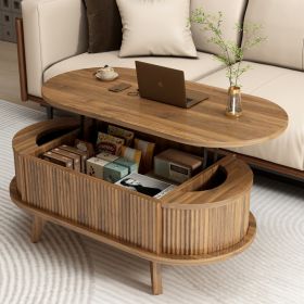 Fluted Lift Top Coffee Table With Hidden Compartment, Wooden Center Table, Modern Oval Lift Tabletop For Home Living Room Office, Walnut Brown Co (Option: Walnut Brown)