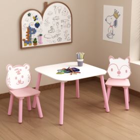 Kids Table And Chair Set, 3-Piece Wooden Toddler Desk With Animal Backrest, Activity Table For Drawing, Learning,Playroom Or Nursery Pink&White (Option: Pink White)