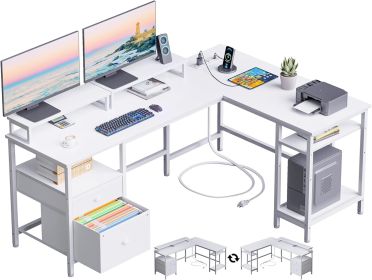 L-shaped Office Desk With Power Socket, Reversible Computer Game Table, Fabric Drawer, And 2 Monitor Stands (Option: White)
