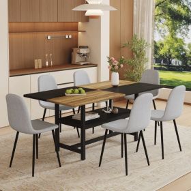 Table And Chair Set.71x35.4 Inch Wooden And Black Spliced Dining Table With Storage Function In The Middle Of The Table Legs.Paired With 6 Light (Option: Black  Light Gray  Wood)