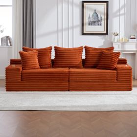 Oversized Boneless Four Seats Sofa With Cup Holder And Side Pockets, Upholstered Corduroy Sofa Bed Cloud Couch With 3 Pillows, 2 Lumbar Pillows.L (Option: Orange)