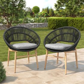 Cyril Outdoor Wicker Papasan Style Dining Chair, Teak Finished Leg And Dark Gray Faux Rattan, Gray Cushion, Set Of 2 (Option: Dark GrayTeak)