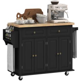 Kitchen Island Cart with Rubber Wood Top, Rolling Kitchen Island Table on Wheels with Drawers, Adjustable Shelves, Spice Rack and Towel Rack for Dini (Option: Black-1040x555x210 mm)