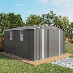 10x12FT Outdoor Storage Shed Large Metal Garden Shed With Double Door Two Window Waterproof Tool Shed For  Patio Lawn Poolside ,Grey (Option: Gray)
