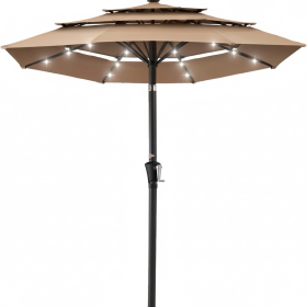 3-layer Solar Courtyard Shade Umbrella, Equipped With 32 LED Lights, And Adjustable Tilt Angle (Option: Khaki)