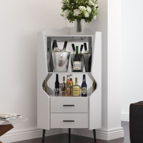 Wooden Corner Bar Cabinet With 2 Open Storage Shelves And 2 Drawers, Mirrored Back Sideboard Cabinet, High Feet Legs For Easy Cleaning, Buffet Ca (Option: White)