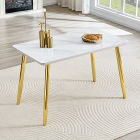 Modern Minimalist Rectangular Dining Table, Suitable For 4-6 People. Tempered Glass Countertop  Lower MDF Board,  Marble Texture, Gold Metal Tape (Option: White  Gold)