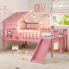 Full  Size House Loft Bed With Slide,Playhouse Bed With Star-shaped Designs And Window, Chic Design With LED Lights,No Box Spring Needed,Pink (Option: Pink)