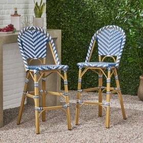 29.5 Outdoor PE Rattan French Barstool, Navy Blue And White, Aluminum Frame With Bamboo Finish  Set Of 2 (Option: Navy BlueWhite)