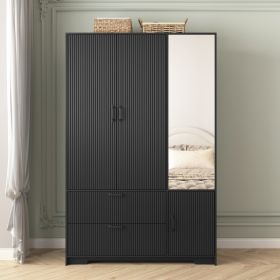 4 Doors Wardrobe Closet With Mirror, LED Wardrobe With Doors And 2 Drawers, Wooden Wardrobe Storage Cabinet With Hanging Rod, Adjustable Shelves, (Option: Black)