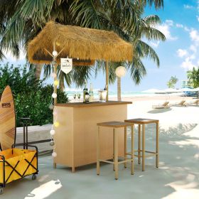 GO Hawaiian-style Bar Height Patio Set With PE Grass Canopy, Outdoor Bar Table And Stools With Adjustable Feet, Acacia Wood Top, For Dining And D (Option: Antique Natural)