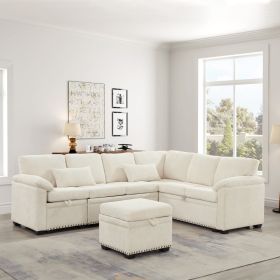 97 Inch L-Shaped Corner Sectional Sofa Couch With Seat And Storage Ottoman,Chenille Fabric Corner Couch With 7 Seats & 2 Pillows For Living Room, (Option: Beige)
