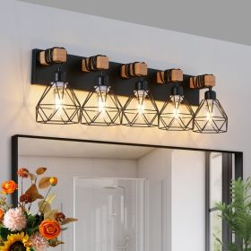 31  Modern Geometric 5-Light Vanity Light Fixture With Black Metal, Wooden Accents And Cage Lampshade For Bathroom, Bedroom, Or Living Room  Bulb (Option: Default)