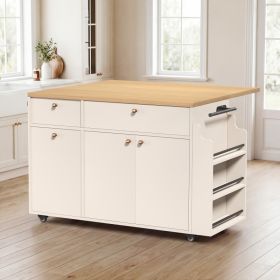 Kitchen Island With Storage Rolling Kitchen Island Cart With Drop Leaf Extension, Natural Wood Top, Drawers, Spice Rack, Towel Bar, Mobile Kitche (Option: White)
