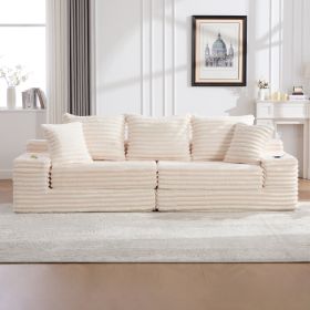 Oversized Boneless Four Seats Sofa With Cup Holder And Side Pockets, Upholstered Corduroy Sofa Bed Cloud Couch With 3 Pillows, 2 Lumbar Pillows.L (Option: Beige)