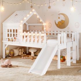 Twin Size House Loft Bed With Slide,Playhouse Bed With Star-shaped Designs And Window, Chic Design With LED Lights,No Box Spring Needed,White (Option: White)