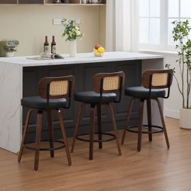 Set Of 3 Counter Height Bar Stools - 26 Inch Rattan Counter Height Stools With Cane Back, Upholstered Seat, Walnut Craftsmanship, Swivel Counter (Option: Black)