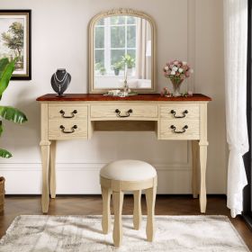 46 Vintage Makeup Vanity With  Curved Flower Frame Mirror, Elegant Dressing Table With 5 Drawers And Leather Stool, Vanity Desk With Solid Wood L (Option: Brown  Antique White)