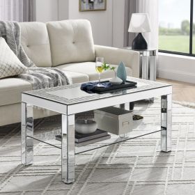 W 40 X D 20X H 20 Curved Border Carved Mirror Coffee Table Silver Mirror Glass Tabletop With Sparkling Diamond Edge Frame And Crystal Mirror Legs (Option: Silver)