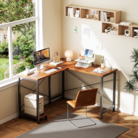L-shaped Computer Desk With Power Socket And LED Light, Corner Game Table With Storage Rack And Monitor Stand (Option: Brown)