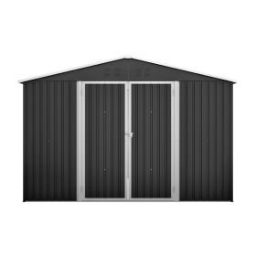 10x10 FT Large Outdoor Metal Storage Shed - Updated Heavy-Duty Frame & Lockable Double Doors, All-Weather Utility Garden Shed For Backyard, Lawn, (Option: Black)
