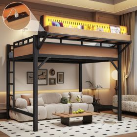 Full Size Loft Bed Frame With Storage Shelves And Pegboard, Metal Loft Bed With USB Ports And LED Lights, Safe And Sturdy, Natural (Option: Natural)