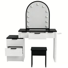 Modern Vanity Desk Chair Set With Mirror Light Fashionable 3 Lighting Modes Adjustable Makeup Table With Glass Top Power Outlet And 6 Drawers For (Option: Default)