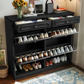 Wooden Shoe Cabinet With 4 Flip Drawers,Shoes Rack Cabinet With 2 Storage Drawers,Classified Storage And Farmhouse Style, Black (Option: Black)