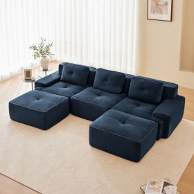 117 Modern U-Shaped Modular Sectional Sofa For Living Room, Corduroy Fabric, 3-Seater Couch With Deep Seat And Movable Ottoman,Pearl-like Piping, (Option: Blue)