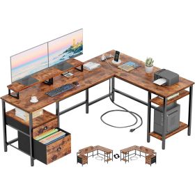 L-shaped Office Desk With Power Socket, Reversible Computer Game Table, Fabric Drawer, And 2 Monitor Stands (Option: Brown)