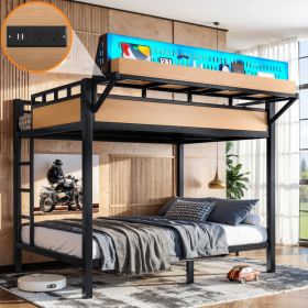 Full Over Full Size Metal Bunk Bed With Storage Shelves And Pegboard, Bunk Bed Frame With USB Ports And LED Lights, Space-Saving, For Teens And A (Option: Natural)