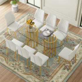 Table And Chair Set.71 Inch Oval Tempered Glass Dining Table,gold Double Column Light Luxury Style. Paired With 8 White PU Chairs With Golden Leg (Option: Transparent  White  Gold)