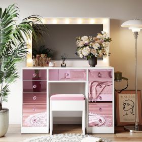 Makeup Vanity With 15 Hollywood Bulbs, 3Color Lighting Modes Adjustable Brightness, Dressing Table With Visual Glass Top And 11 Pink Finish Drawe (Option: PinkWhite)