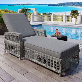 GO Outdoor Long Reclining Chaise, Wicker Lounge With Armrests, Patio Adjustable Recliner With Soft Removable Cushions, All Weather Rattan Pool Lo (Option: grey)