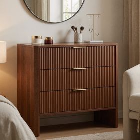 Wooden Cabinet With 3 Drawers Wavy Pattern Modern Bedside Cupboard Dressing Table For Bedroom Living Room Hallway Walnut Color (Option: Default)